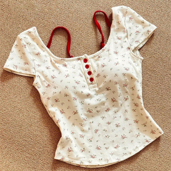 Pure Desire Floral Square Collar Shoulder Short-sleeved T-shirt Women's Summer With Chest Pad - Chic Angle